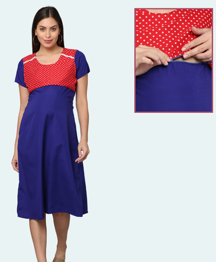 Morph Cotton Knit Half Sleeves Polka Dots Printed Maternity Nighty With Overlap Nursing Access - Navy Blue-image-30