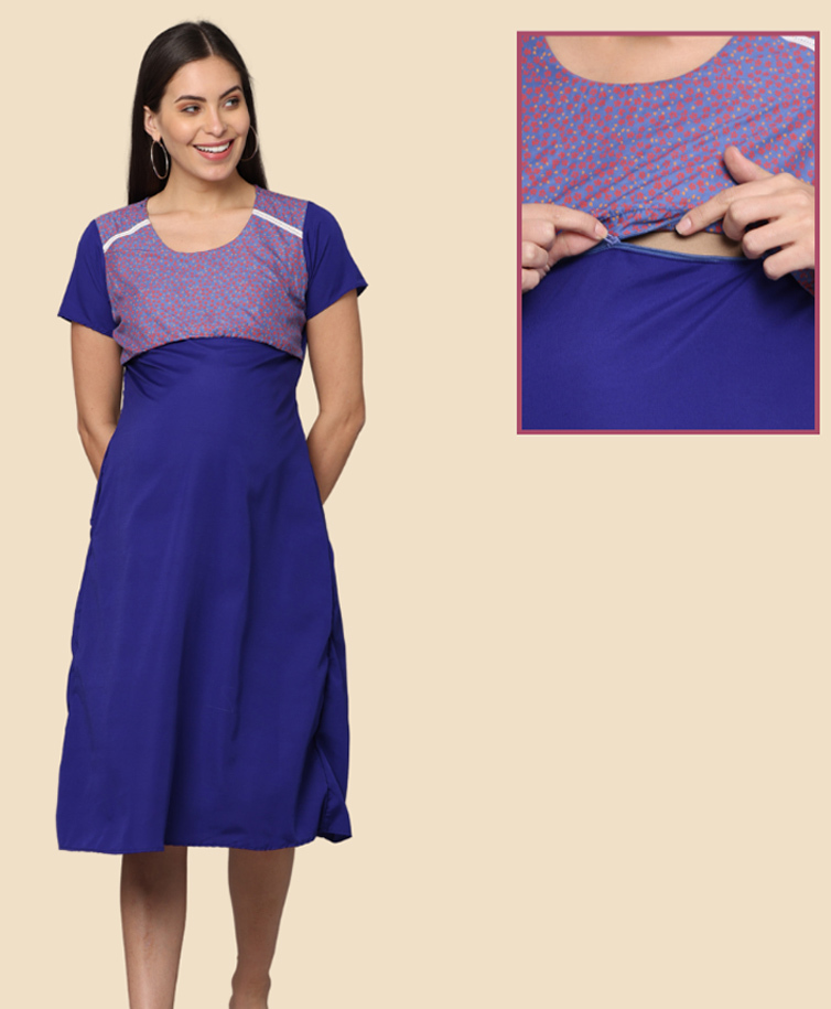 Morph Cotton Knit Half Sleeves Polka Dots Printed Maternity Nighty With Overlap Nursing Access - Navy Blue-picture-27