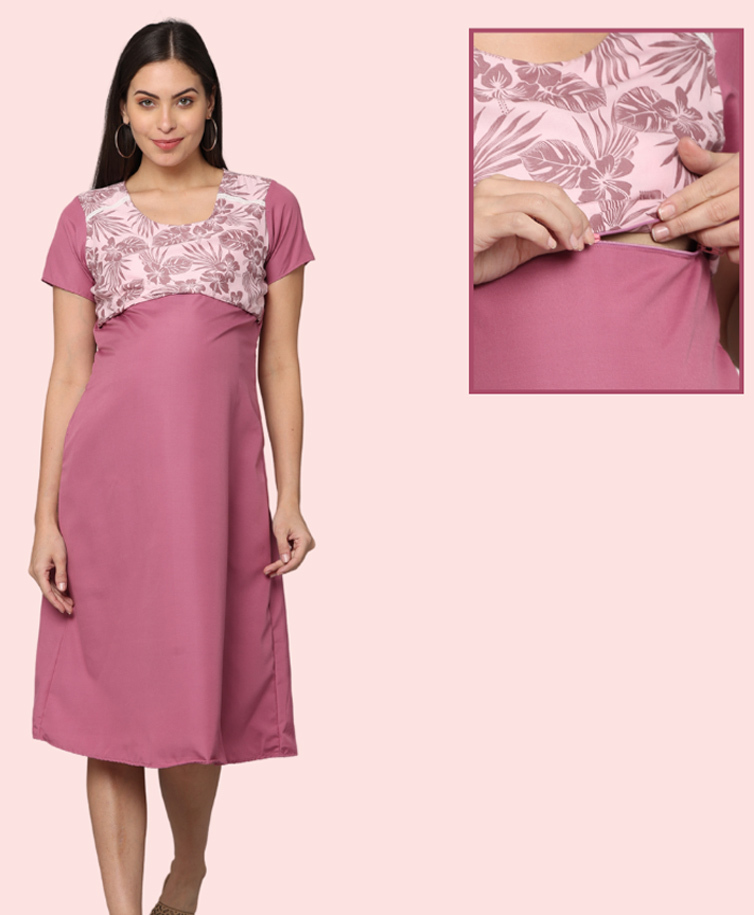 Morph Cotton Knit Half Sleeves Floral Printed Maternity Nighty With Overlap Nursing Access - Pink-image-31