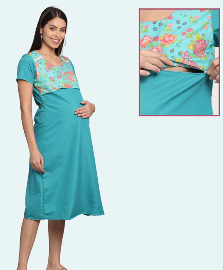 Morph Cotton Knit Half Sleeves Floral Printed Maternity Nighty With Overlap Zipper Nursing Access - Blue-picture-23