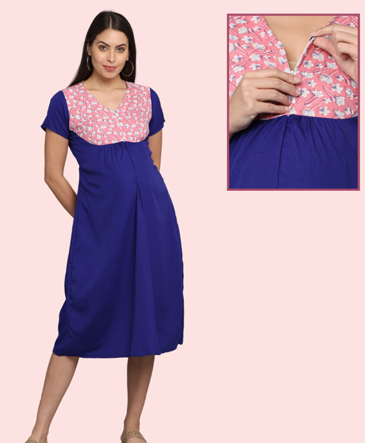 Morph Cotton Knit Half Sleeves Floral Printed Maternity Nighty With Front Open Nursing Access - Navy Blue-picture-29
