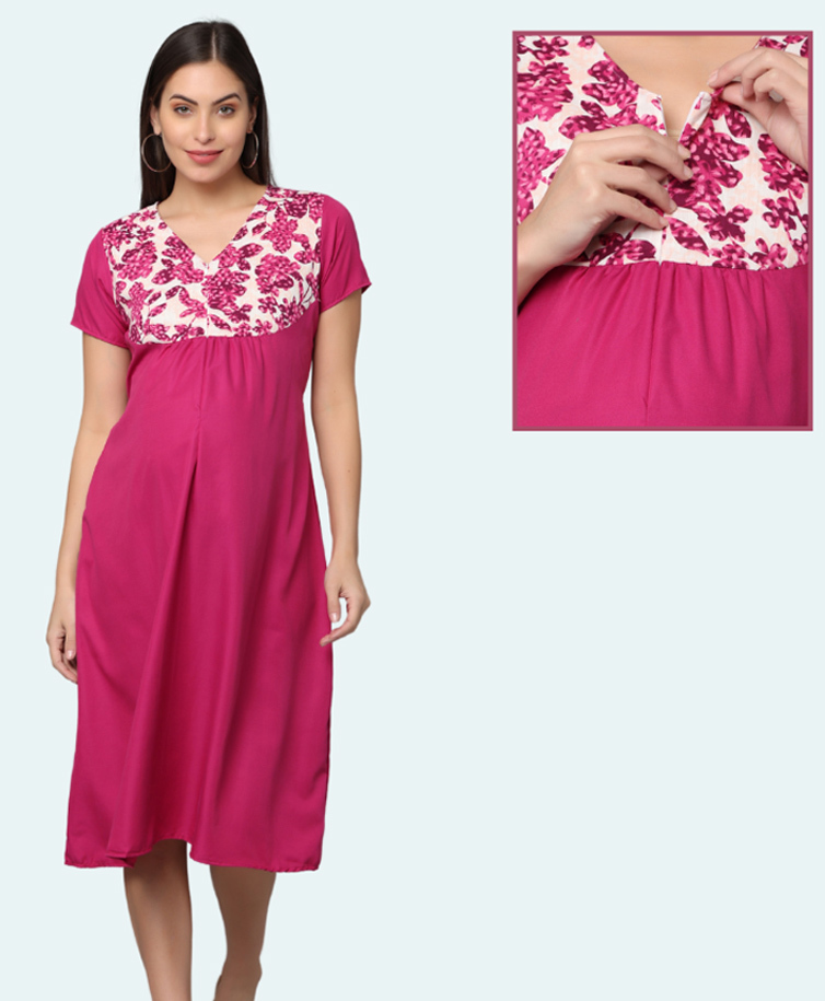 Morph Cotton Knit Half Sleeves Floral Printed Maternity Nighty With Front Open Nursing Access - Pink-picture-26