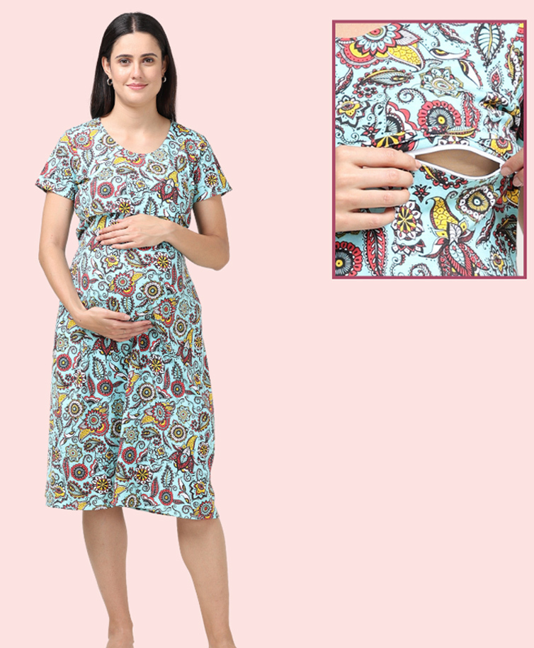 Morph Cotton Knit Half Sleeves Floral Printed Maternity Nighty With Concealed Zipper Nursing Access - Blue-picture-24