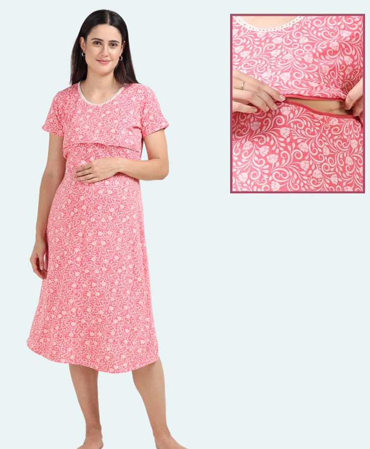 Morph Cotton Knit Half Sleeves Floral Printed Maternity Nighty With Overlap Nursing Access - Pink-picture-25