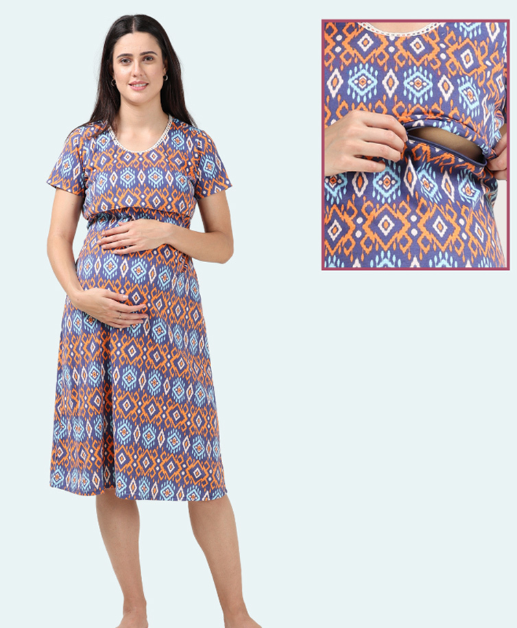 Morph Cotton Knit Half Sleeves Abstract Printed Maternity Nighty With Overlap Concealed Zipper Nursing Access - Orange-picture-34