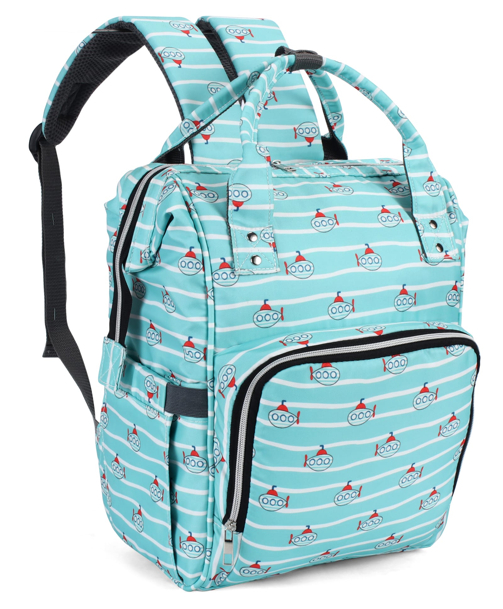 fab n funky Multipurpose Spacious Diaper Backpack Submarine Print - Turquoise Green| Adjustable Padded Shoulder Strap| Insulated Bottle Pouches| Smart Back Zipper| Wipes Dispenser-picture-38