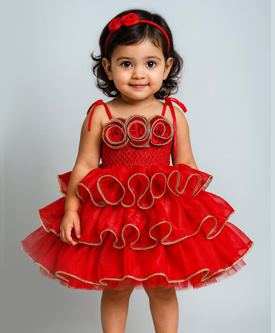 TINY MINY MEE Elastane Woven Sleeveless Floral Applique Detailed Layered Dress - Red-image-32