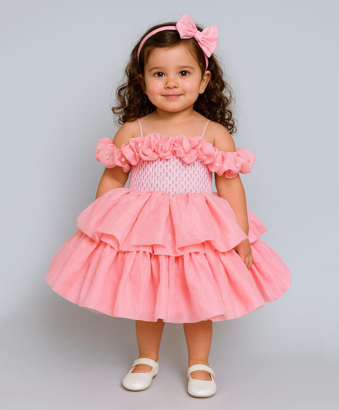 TINY MINY MEE Elastane Woven Cold Shoulder Sleeves Ruffle Detailed & Pearls Embellished Layered Dress - Pink-image-35