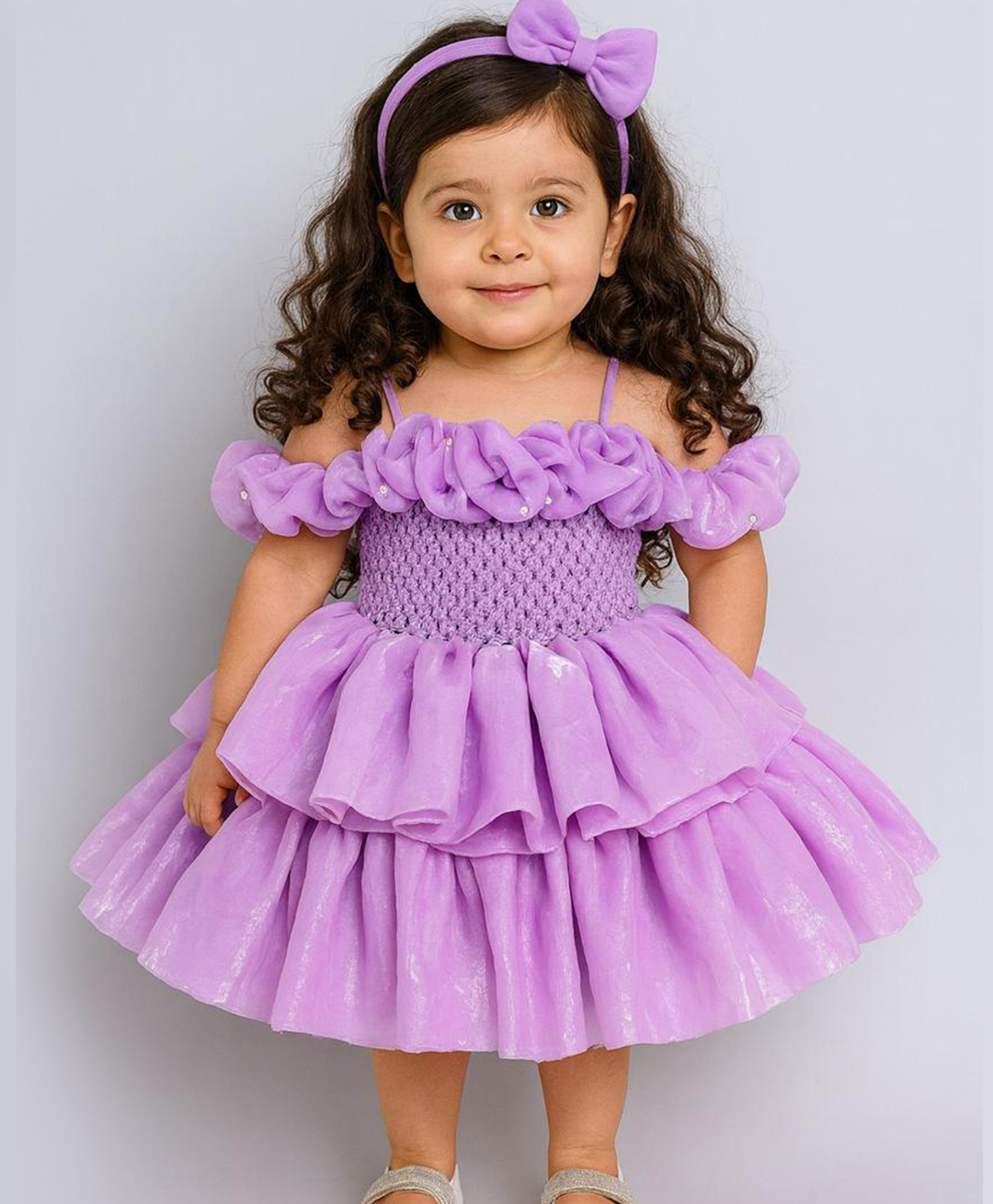 TINY MINY MEE Elastane Woven Cold Shoulder Sleeves Ruffle Detailed & Pearls Embellished Layered Dress - Lavender-image-11