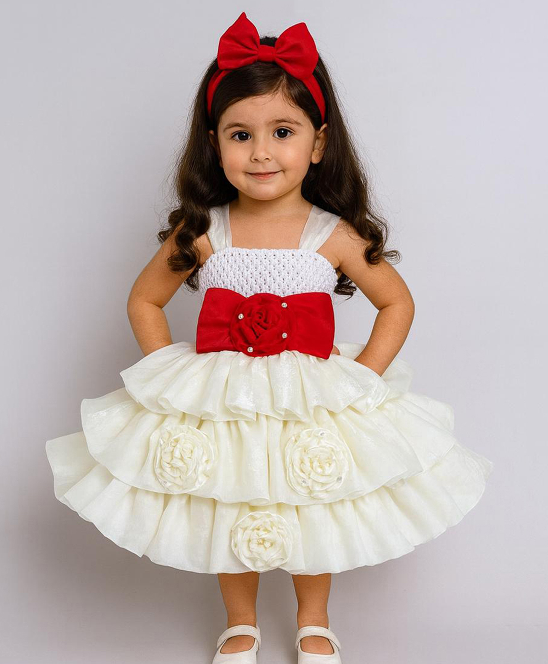 TINY MINY MEE Elastane Woven Sleeveless Floral & Bow Applique Detailed Layered Dress - White-image-36