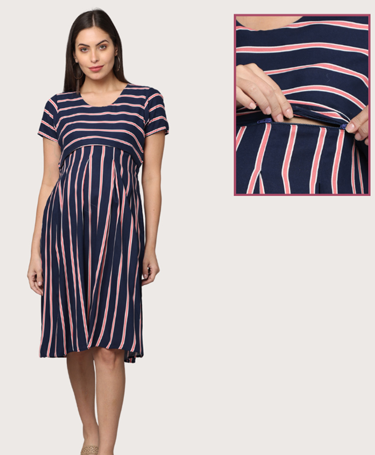 Morph Cotton Knit Half Sleeves Striped Maternity Dress With Overlap Nursing Access - Navy Blue-image-37