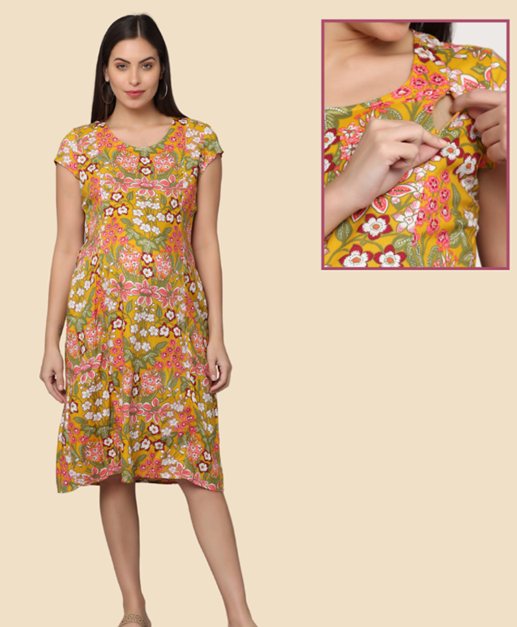 Morph Cotton Knit Half Sleeves Floral Printed Maternity Dress With Side Concealed Zipper Nursing Access - Mustard-picture-46