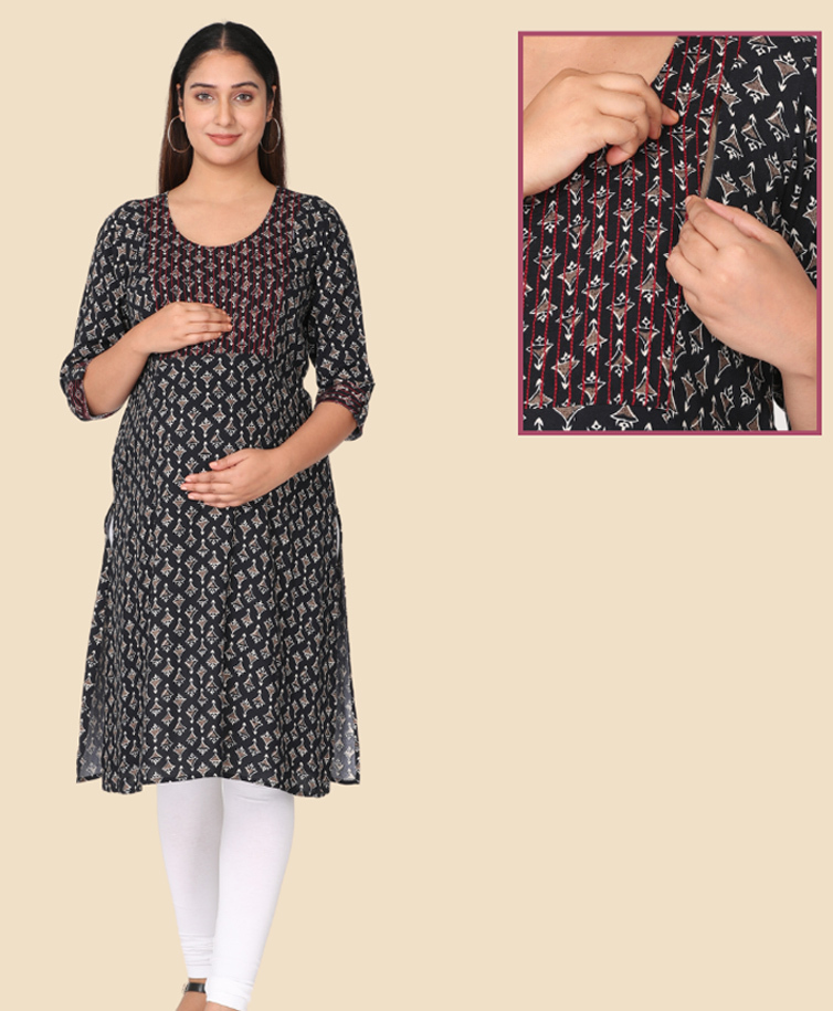 Morph Cotton Knit Three Fourth Sleeves Abstract Printed Maternity Kurti With Side Zipper Nursing Access - Black-picture-41
