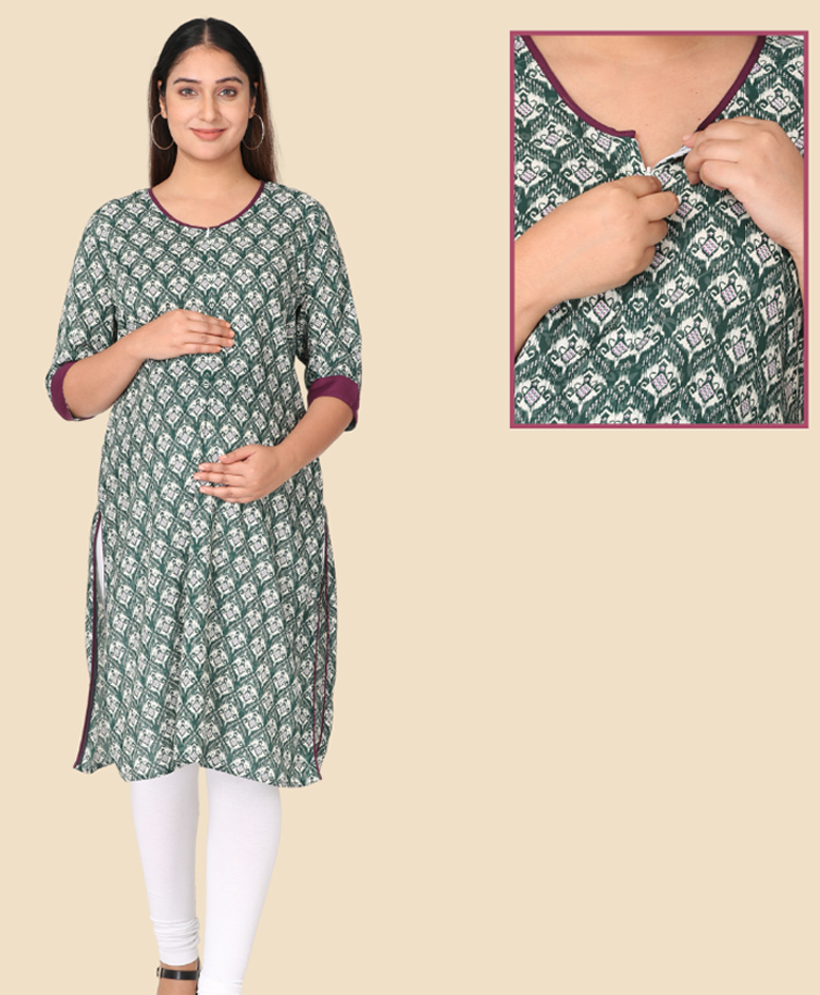 Morph Cotton Knit Three Fourth Sleeves Abstract Printed Maternity Kurti With Front Open Nursing Access - Green-picture-48