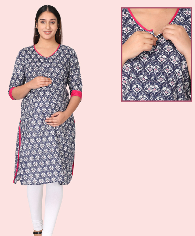 Morph Cotton Knit Three Fourth Sleeves Abstract Printed Maternity Kurti With Front Open Nursing Access - Navy Blue-image-48