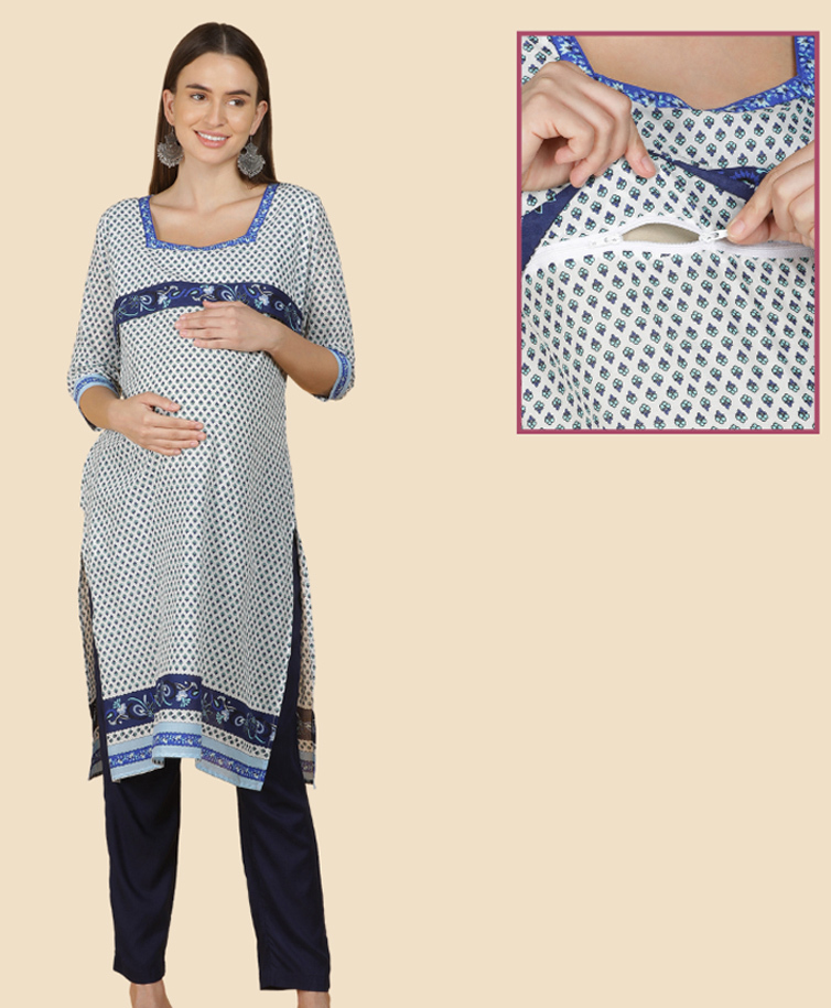 Morph Cotton Knit Three Fourth Sleeves Abstract Floral Printed Maternity Kurti With Overlap Concealed Zipper Nursing Access - White-picture-46