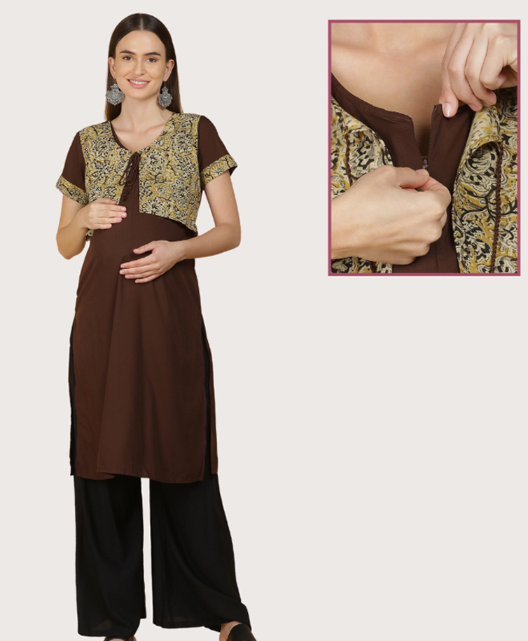 Morph Cotton Knit Half Sleeves Floral Printed Maternity Kurti With Front Concealed Zipper Nursing Access - Brown-image-40