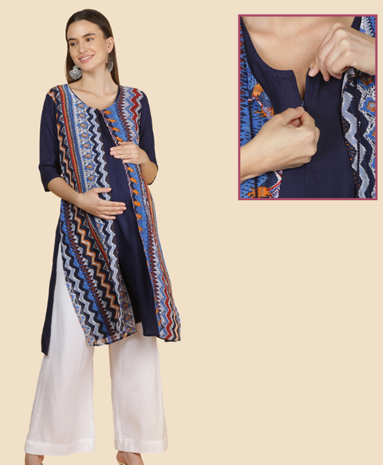 Morph Cotton Knit Three Fourth Sleeves Abstract Printed Maternity Kurti With Front Concealed Zipper Nursing Access - Navy Blue-image-49