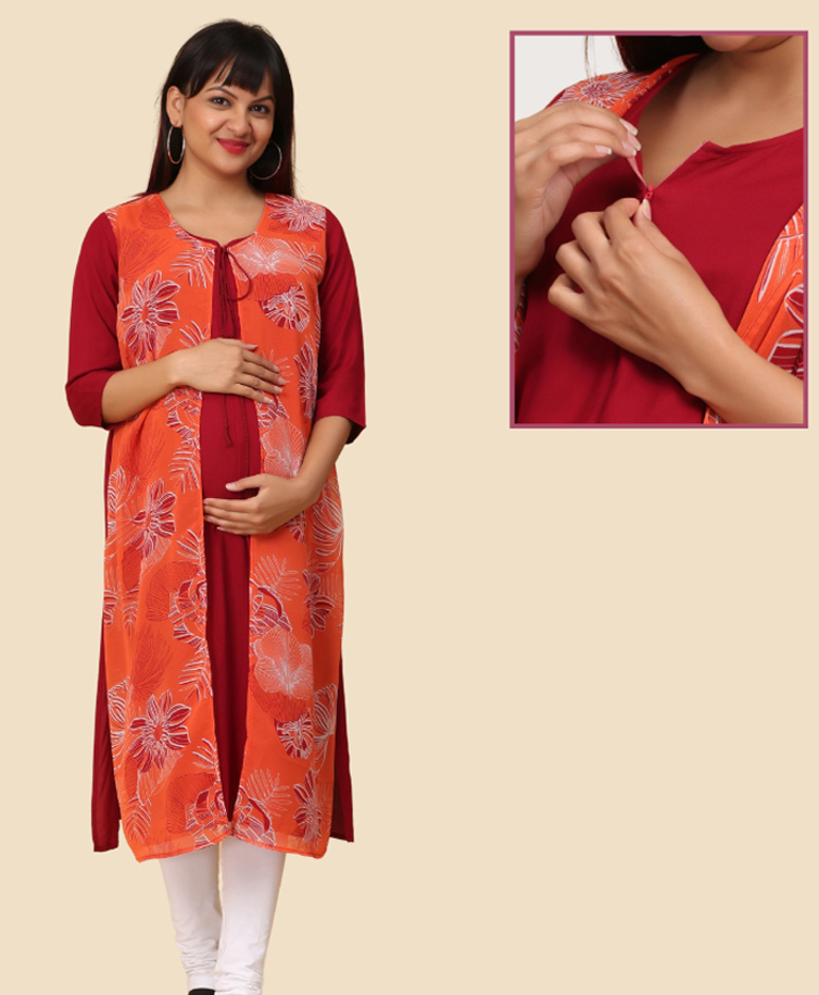 Morph Cotton Knit Three Fourth Sleeves Floral Printed Maternity Kurti With Front Concealed Zipper Nursing Access - Maroon-picture-45