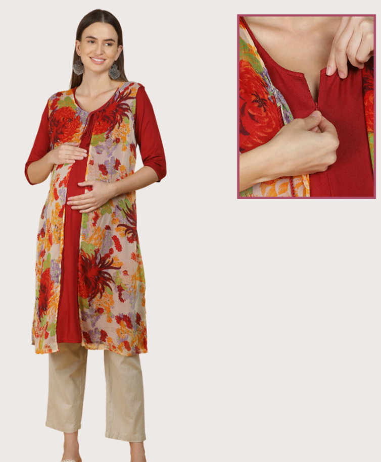 Morph Cotton Knit Three Fourth Sleeves Floral Printed Maternity Kurti With Front Concealed Zipper Nursing Access - Maroon-picture-43