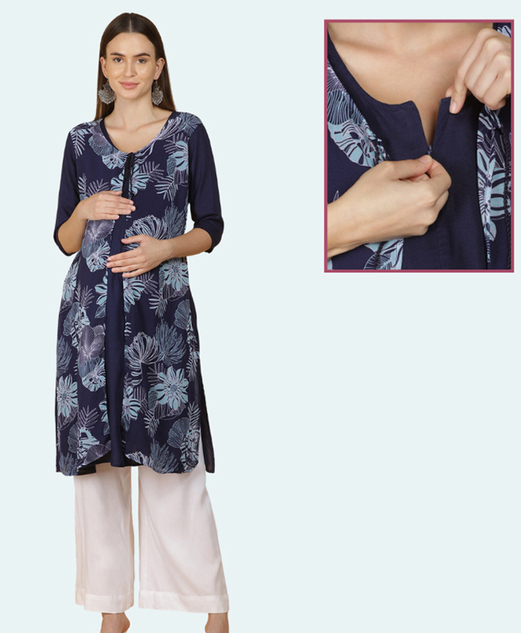 Morph Cotton Knit Three Fourth Sleeves Floral Printed Maternity Kurti With Front Concealed Zipper Nursing Access - Navy Blue-picture-44