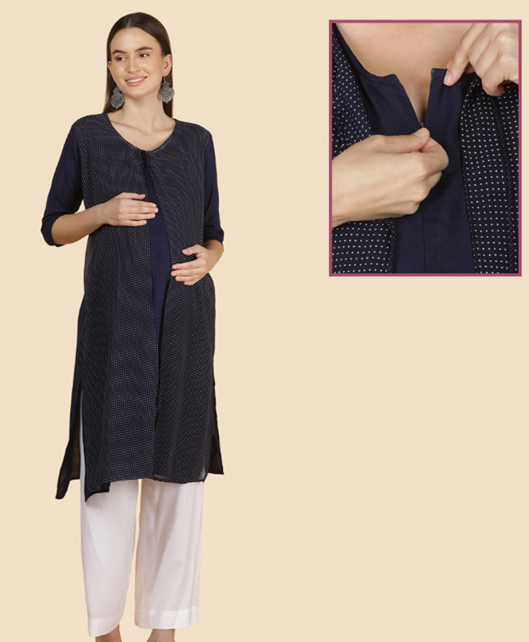 Morph Cotton Knit Three Fourth Sleeves Dots Printed Maternity Kurti With Front Concealed Zipper Nursing Access Navy BLue-picture-0