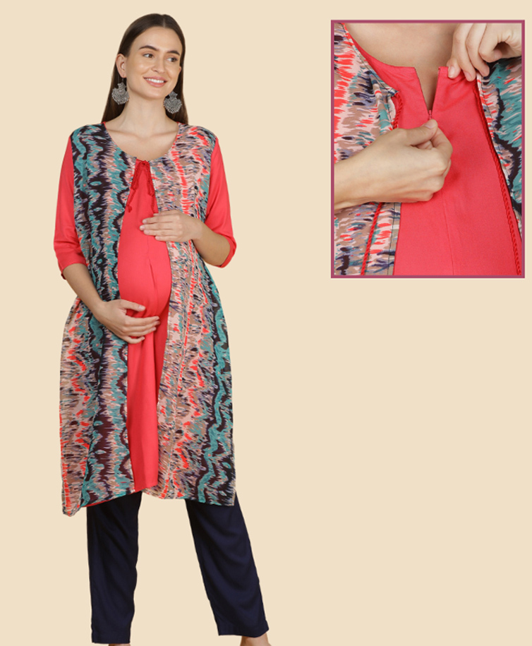 Morph Cotton Knit Three Fourth Sleeves Abstract Printed Maternity Kurti With Front Concealed Zipper Nursing Access - Red-picture-1