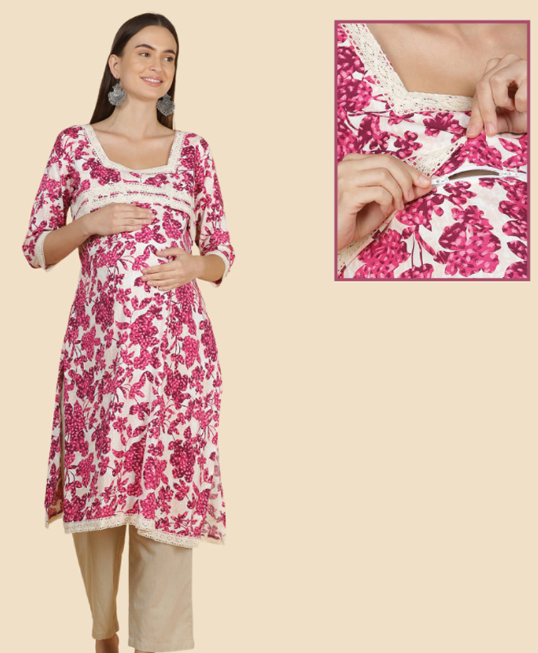 Morph Cotton Knit Three Fourth Sleeves Floral Printed Maternity Kurti With Overlap Concealed Zipper Nursing Access - Pink-image-49