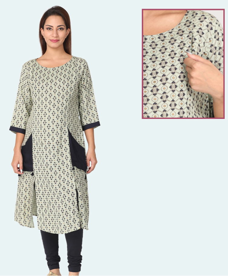 Morph Cotton Knit Three Fourth Sleeves Floral Printed Maternity Kurti With Side Open Nursing Access - Green-picture-38