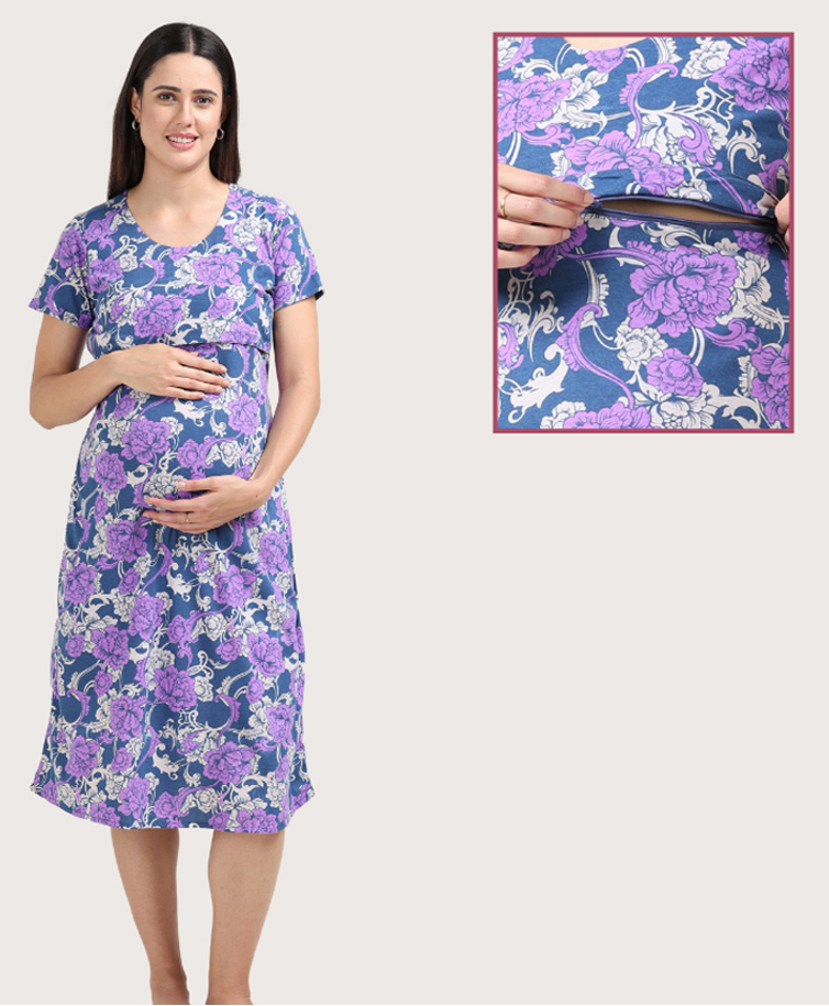 Morph Cotton Knit Half Sleeves Floral Printed Maternity Nighty With Overlap Concealed Zipper Access - Magenta-image-6