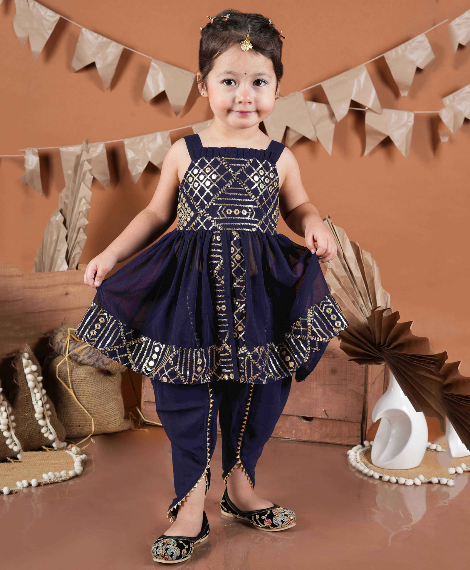 Titrit Georgette Woven Sleeveless Mirror Work & Sequins Embellished Kurti & Dhoti Set - Blue-picture-33