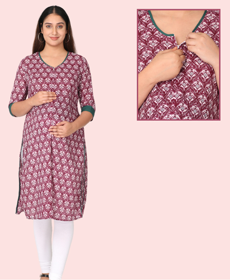 Morph Cotton Knit Three Fourth Sleeves Abstract Printed Maternity Kurti With Front Concealed Zipper Nursing Access - Magenta-image-16