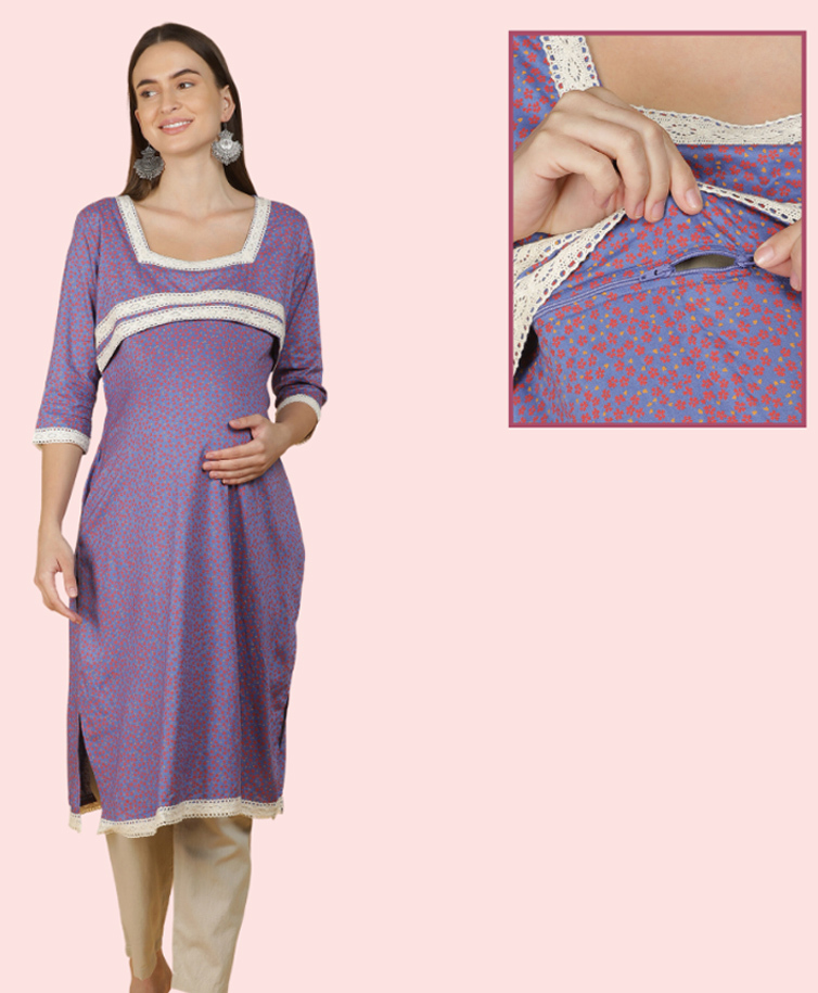 Morph Cotton Knit Three Fourth Sleeves Floral Printed Maternity Kurti With Overlap Concealed Zipper Nursing Access - Magenta-picture-39