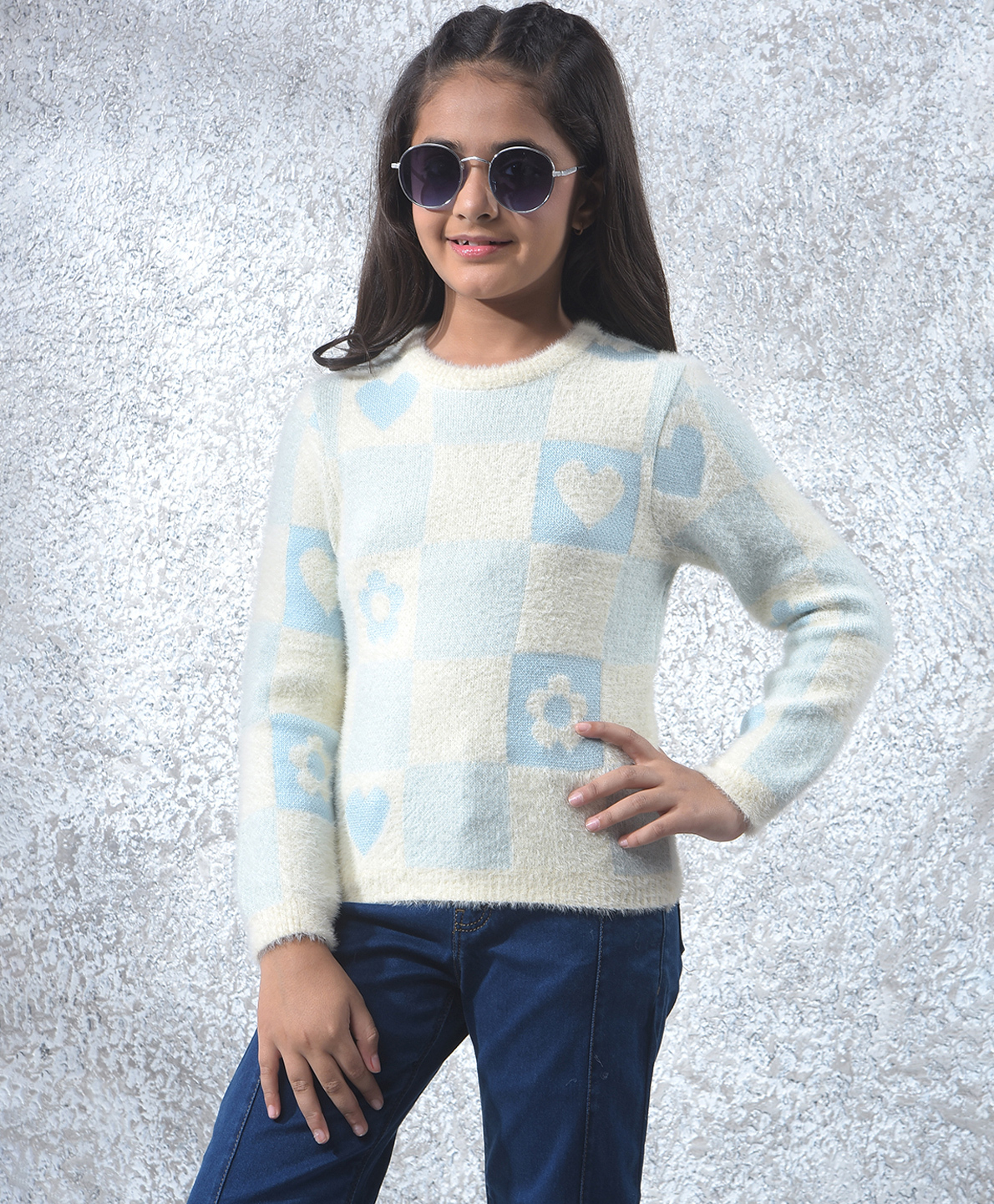 CRIMSOUNE CLUB Knit Full Sleeves Checked & Hearts Designed Sweater - Blue-picture-25