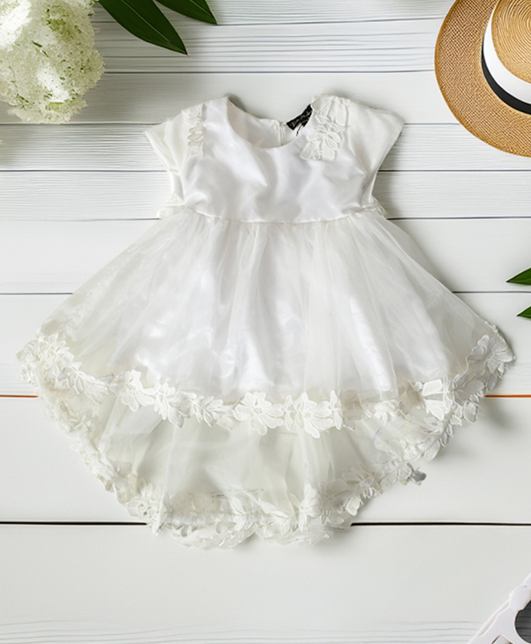 Bella Moda Net Woven Cap Sleeves Floral Lace Detailed High Low Dress - White-image-11