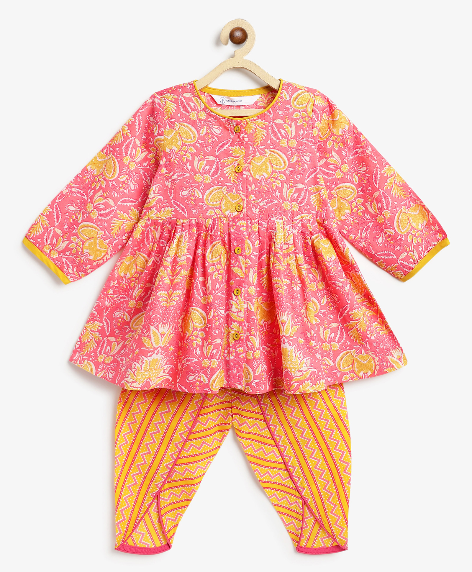 Campana 100% Cotton Woven Full Sleeves Floral Printed Kurti Dhoti Set - Pink & Yellow-picture-31