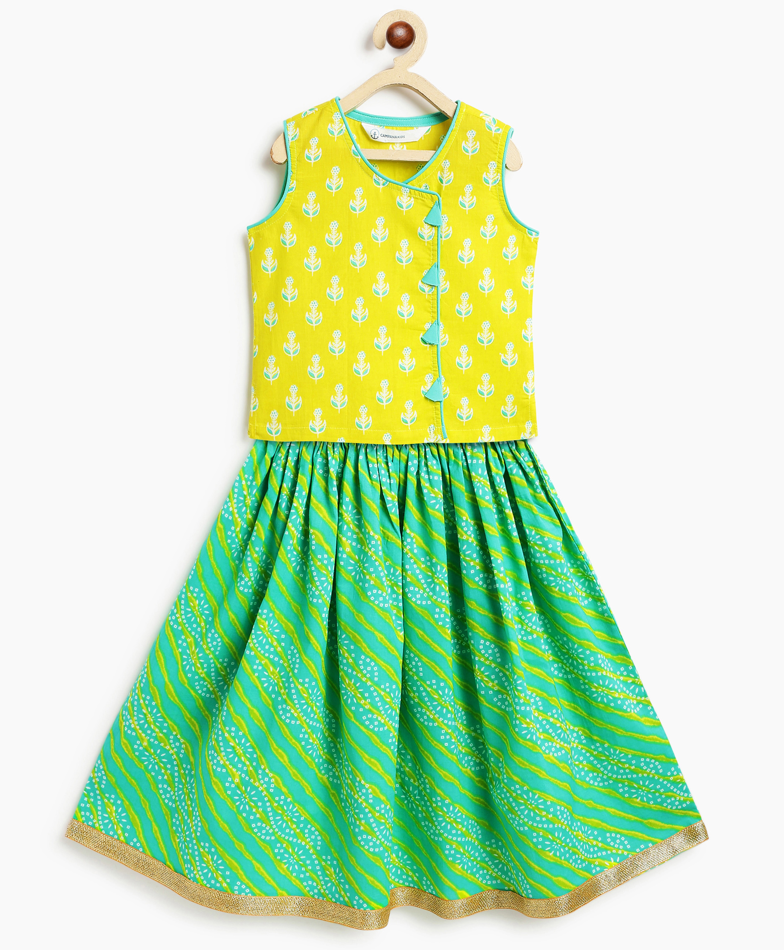Campana 100% Cotton Woven Sleeveless Floral Printed Lehenga Choli Set - Lime Green & Turquoise-image-27