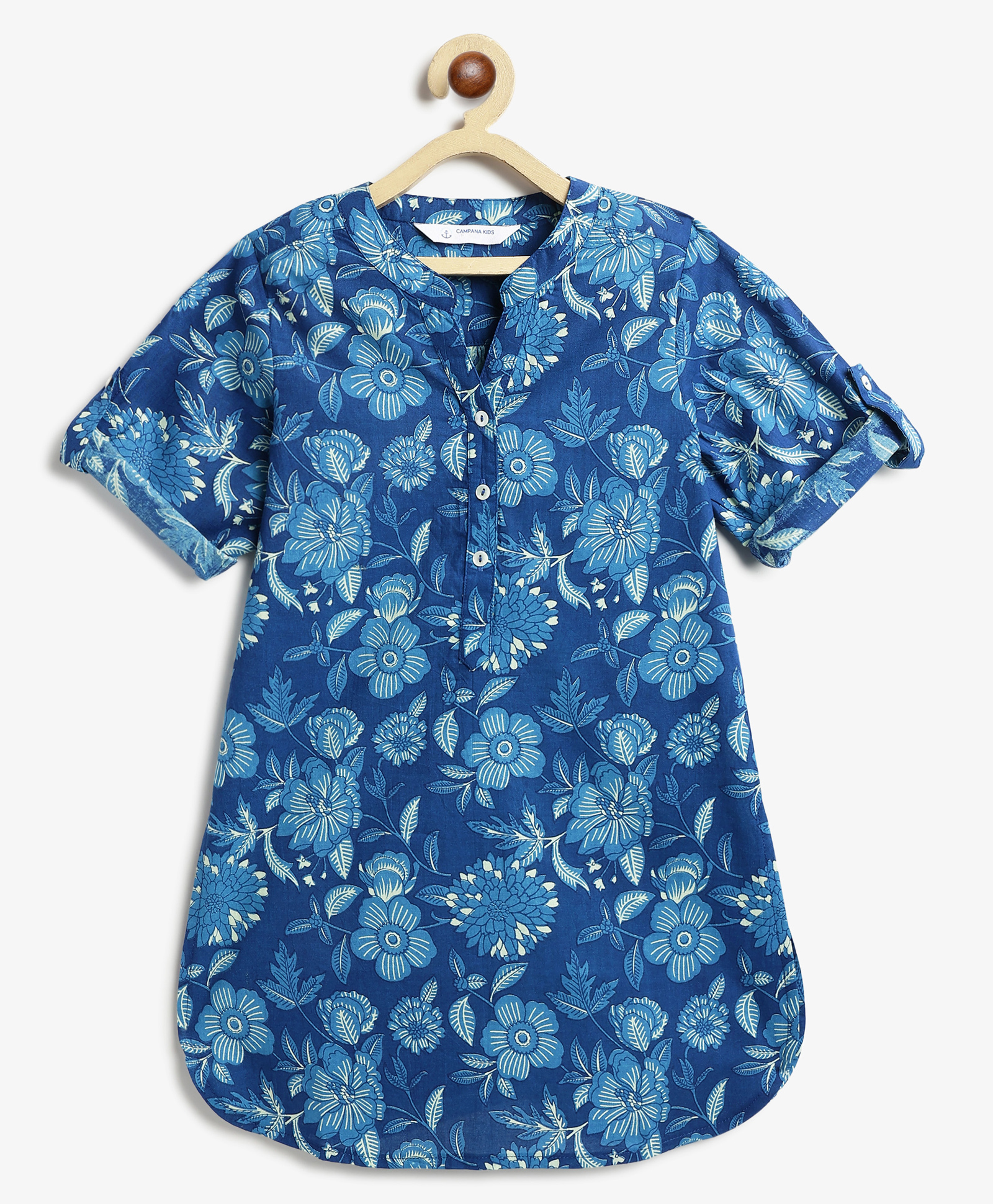Campana 100% Cotton Woven Three Fourth Sleeves Floral Printed Kurti - Indigo Blue-image-7