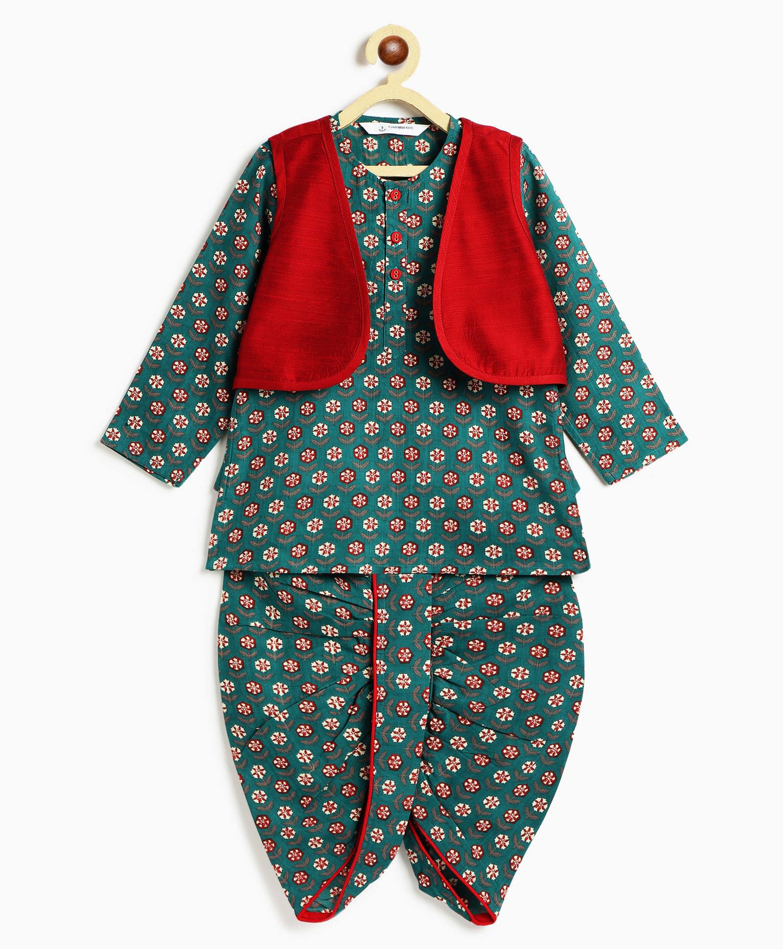 Campana 100% Cotton Woven Full Sleeves Floral Printed Kurta Dhoti With Jacket Set - Teal Green & Maroon-picture-21