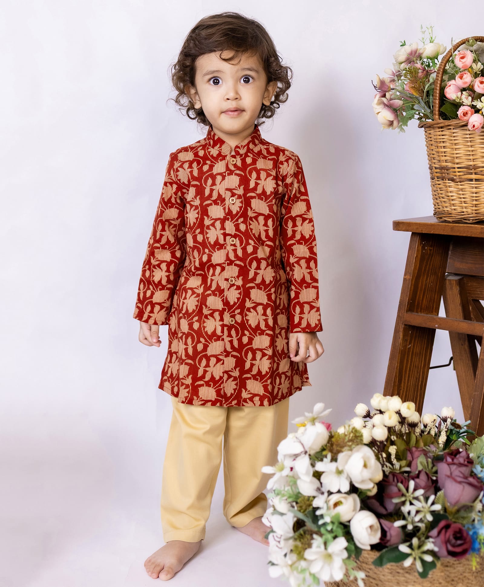 Campana 100% Cotton Woven Full Sleeves Floral Printed Kurta Pyjama Set - Maroon & Golden-picture-17