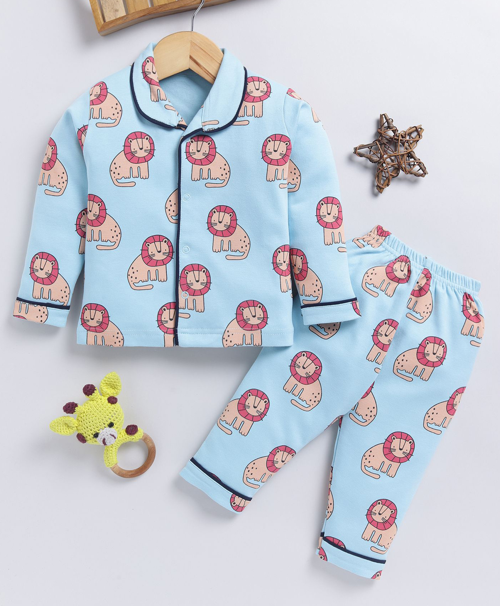 TOONYPORT Cotton Knit Full Sleeves Lion Printed Coordinating Night Suit Set - Blue-image-36