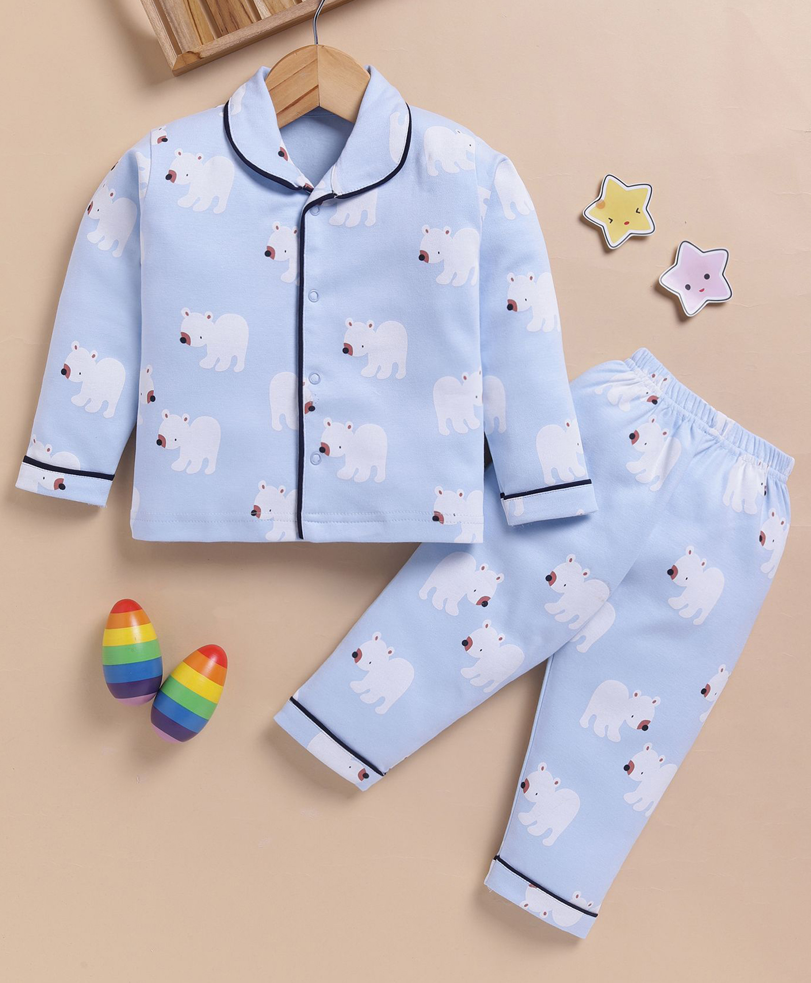 TOONYPORT Cotton Knit Full Sleeves Polar Bear Printed Coordinating Night suit Set - Blue-image-26