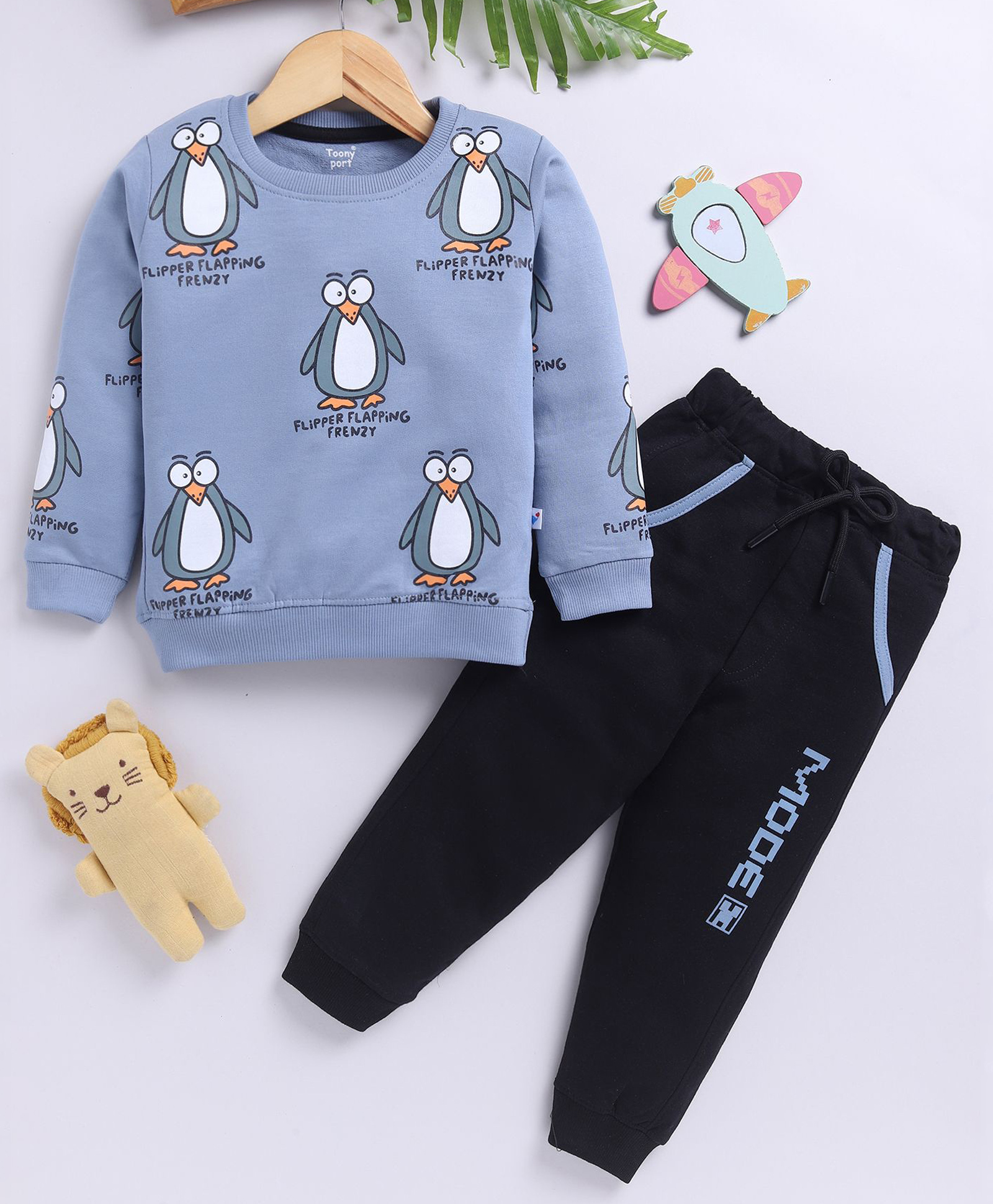 TOONYPORT Cotton Blend Knit Full Sleeves Penguin Printed Light Winter Sweatshirt & Joggers Set - Blue-picture-24