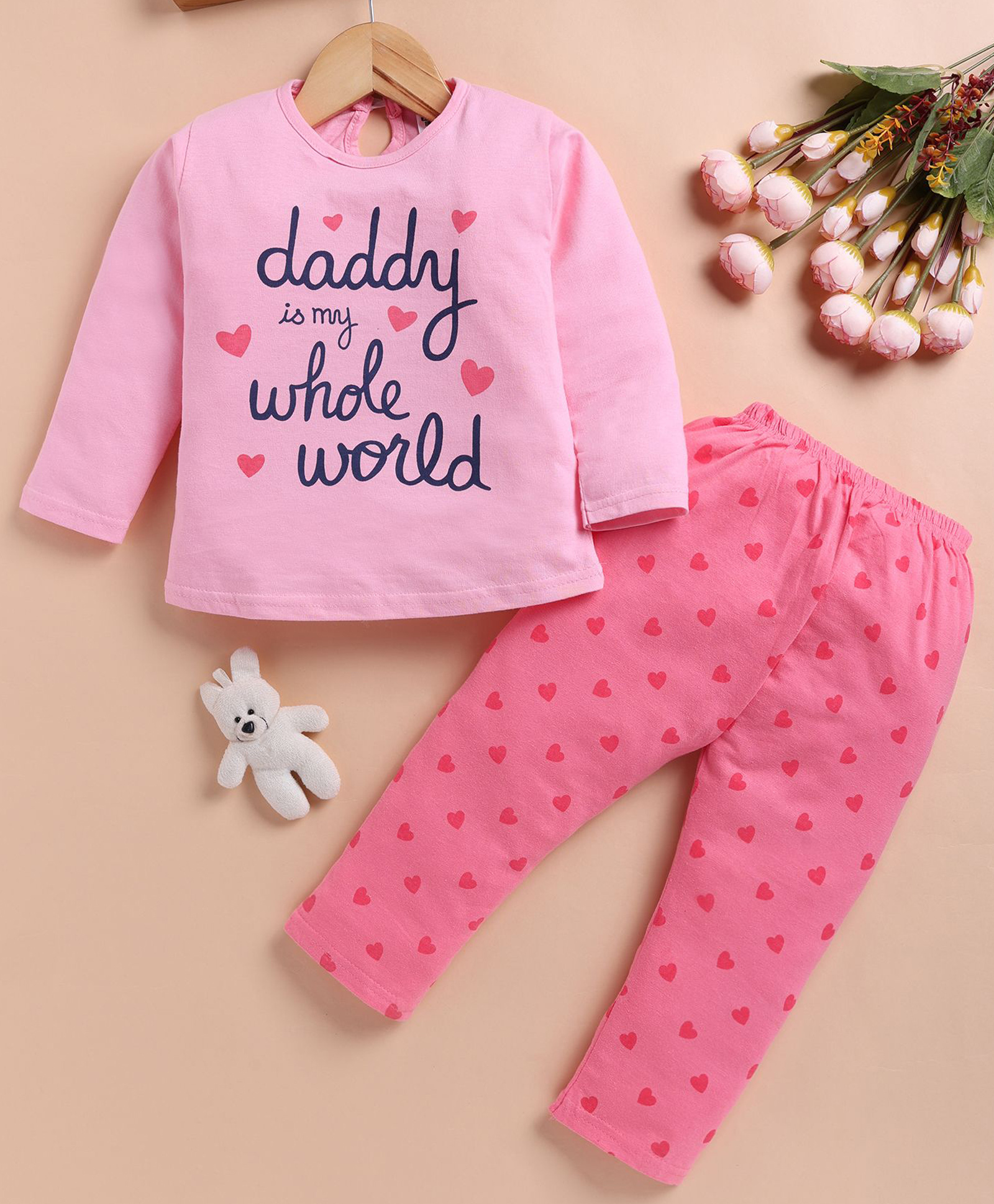 TOONYPORT Cotton Knit Full Sleeves Daddy Is My Whole World Text Printed Tee & Trousers Set - Pink