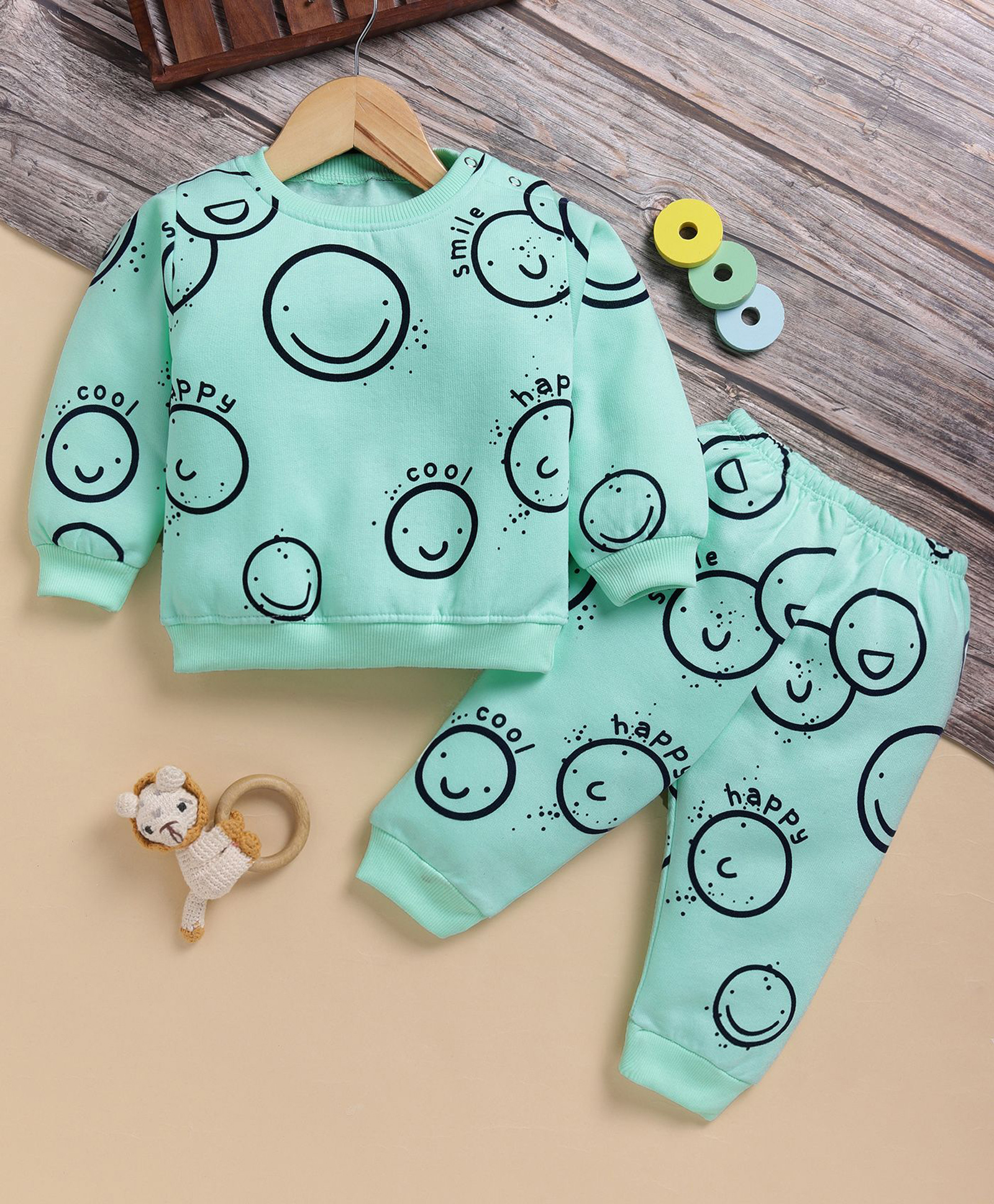 TOONYPORT Cotton Knit Full Sleeves Smiley Printed Light Winter Sweatshirt & Joggers Set - Green-picture-13