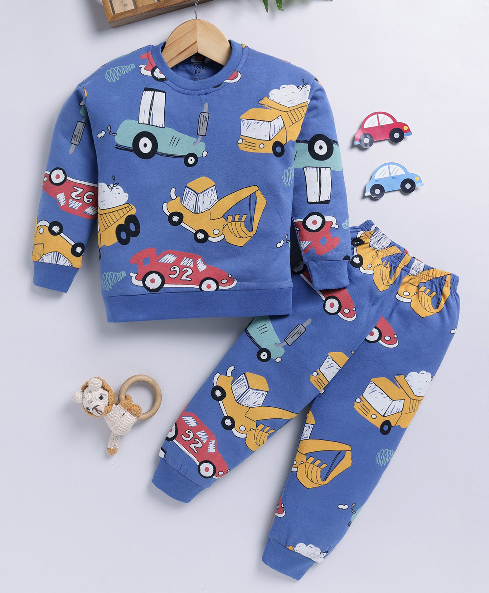 TOONYPORT Cotton Blend Knit Full Sleeves Vehicles Printed Coordinating Light Winter Sweatshirt & Joggers Set - Blue-image-15
