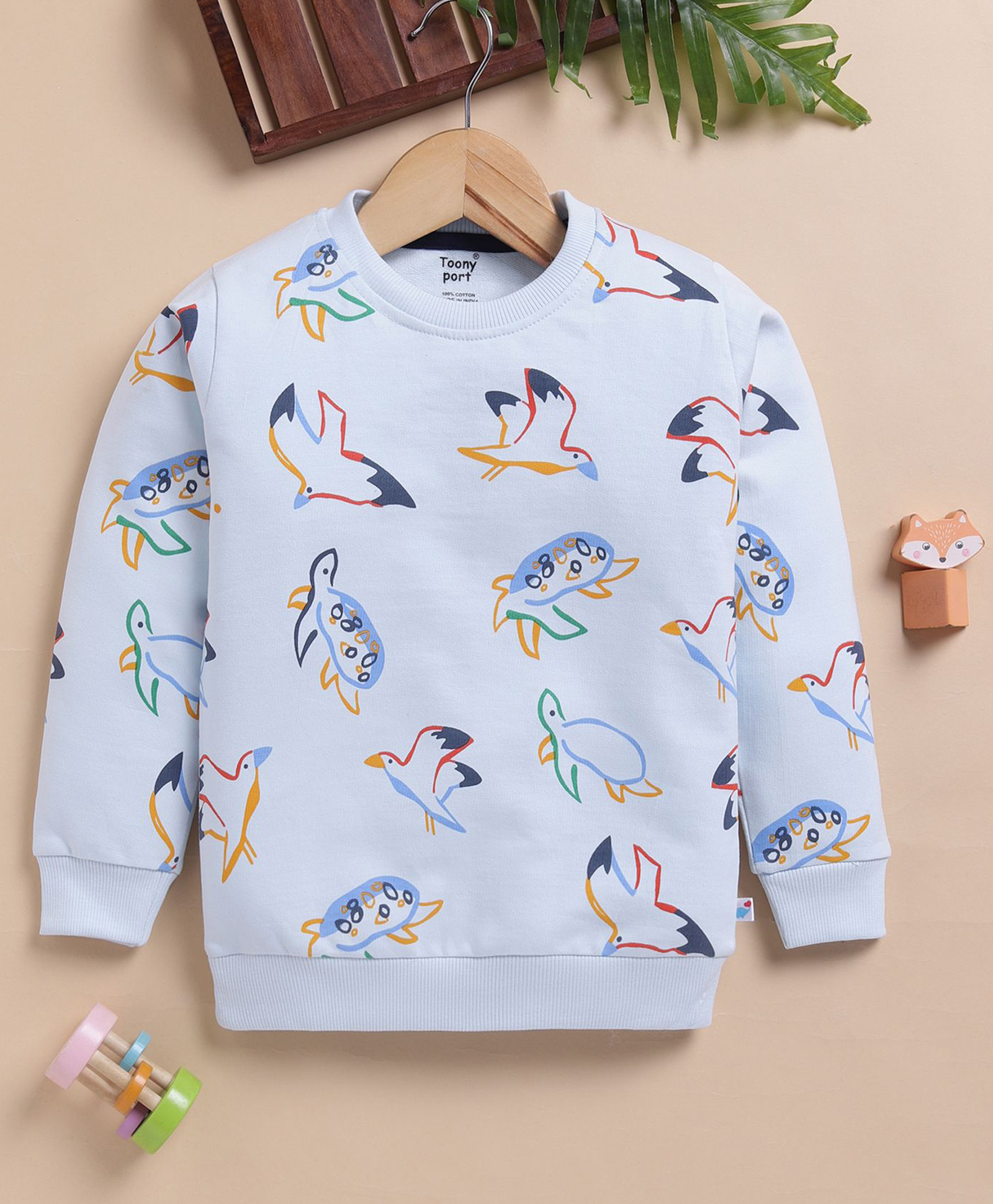 TOONYPORT Cotton Blend Knit Full Sleeves Birds Printed Light Winter Sweatshirt - Blue-picture-31