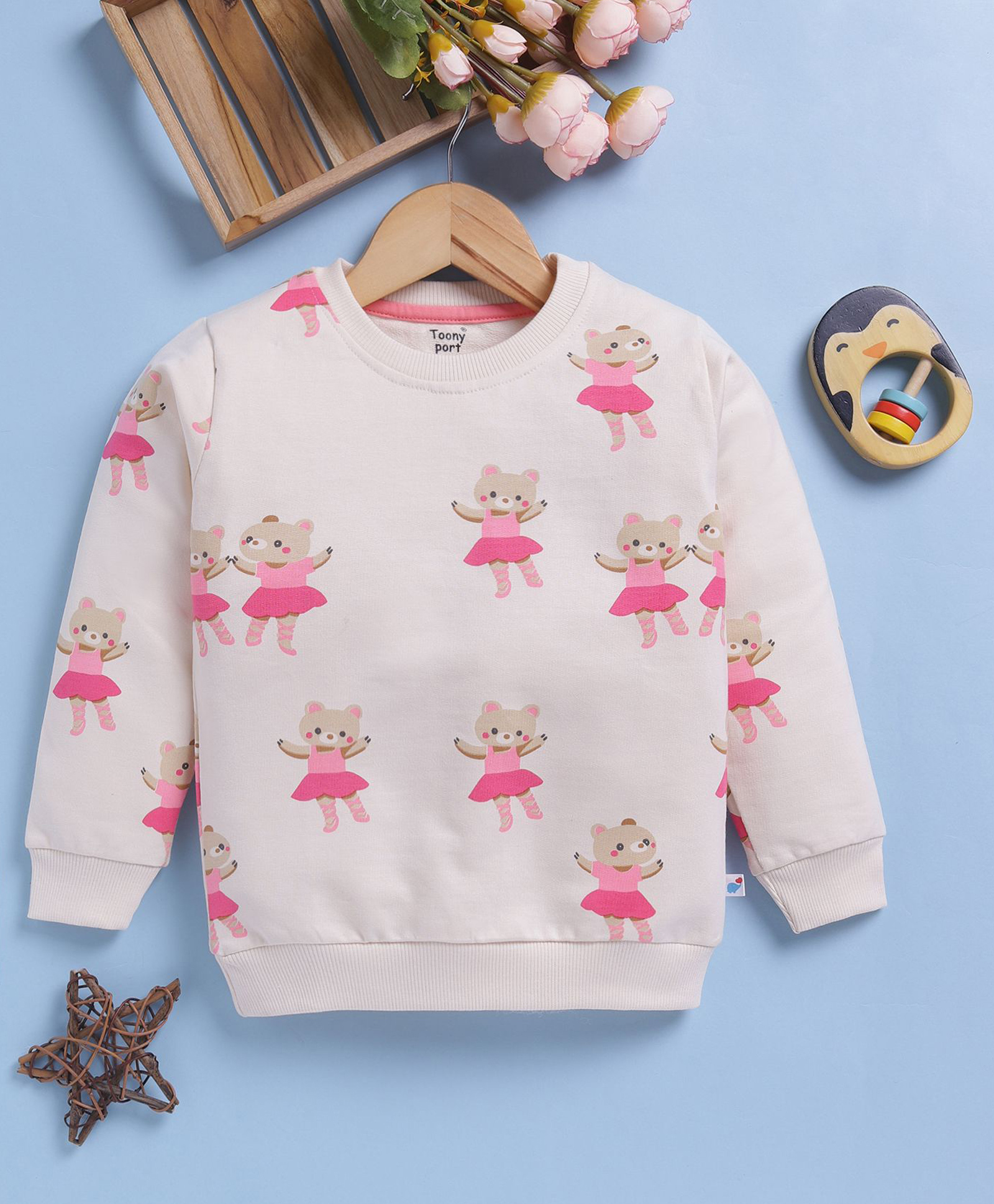 TOONYPORT Cotton Blend Knit Full Sleeves Teddy Bear Printed Light Winter Sweatshirt - Cream-picture-30