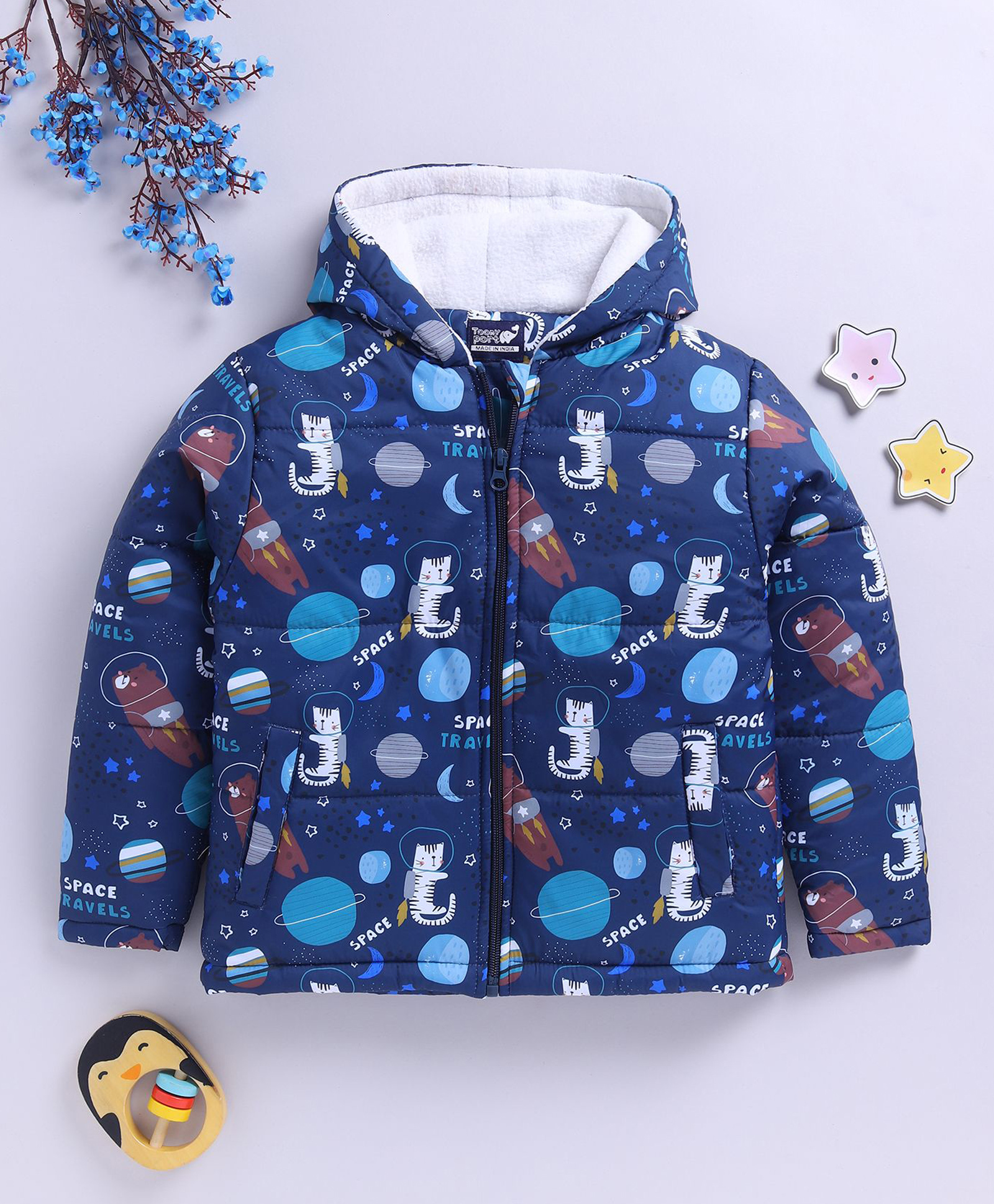 TOONYPORT Woven Full Sleeves Space Theme Printed Padded Winter Jacket - Blue-image-13