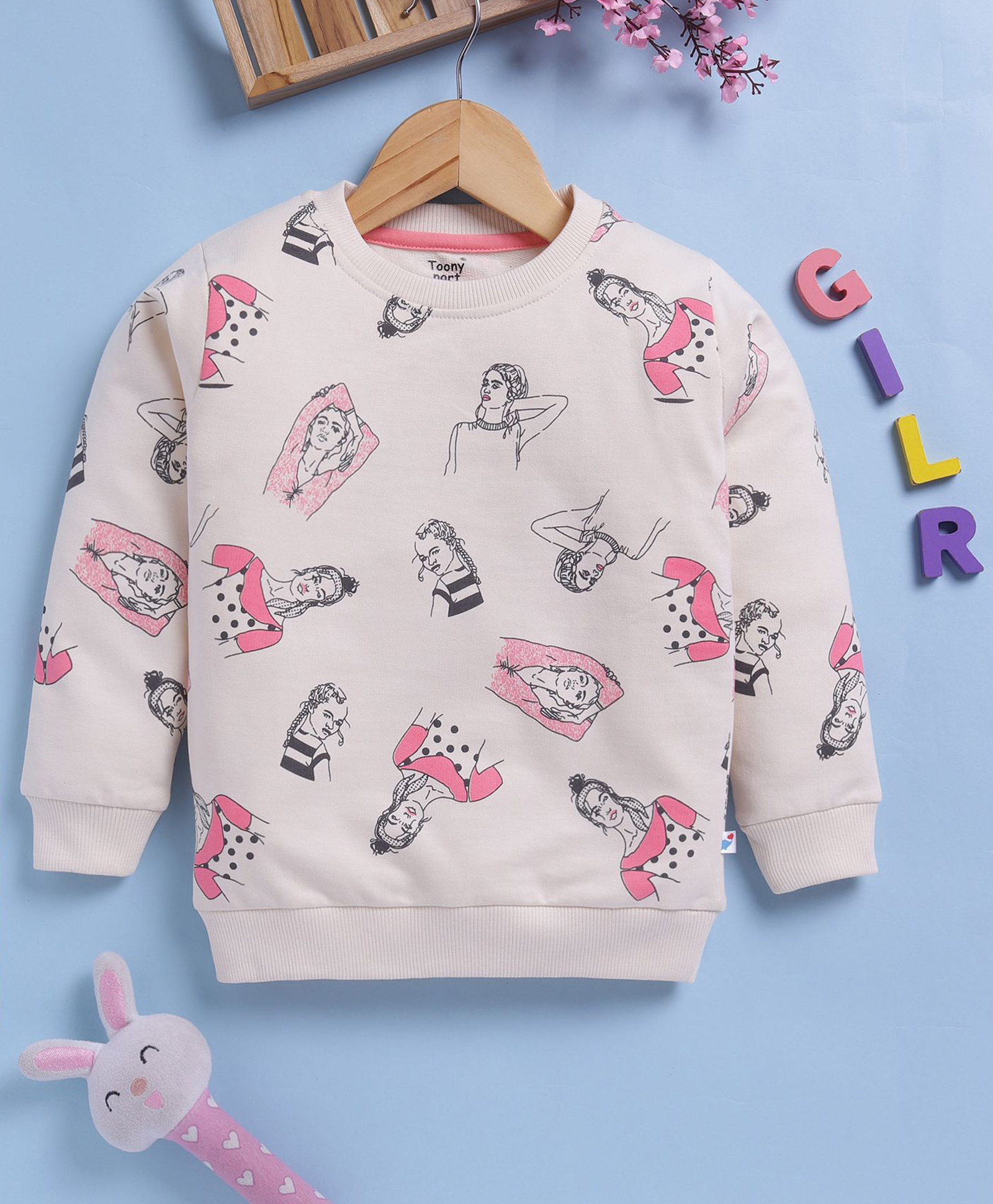 TOONYPORT Cotton Blend Knit Full Sleeves Girls Printed Light Winter Sweatshirt - Cream-picture-13